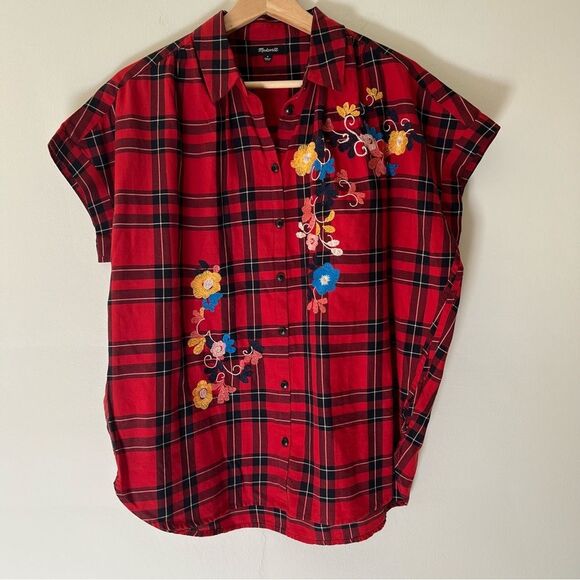 Madewell Plaid Embroidered Top Boxy Short Sleeves Tartan Button Down Size Small - Picture 1 of 8